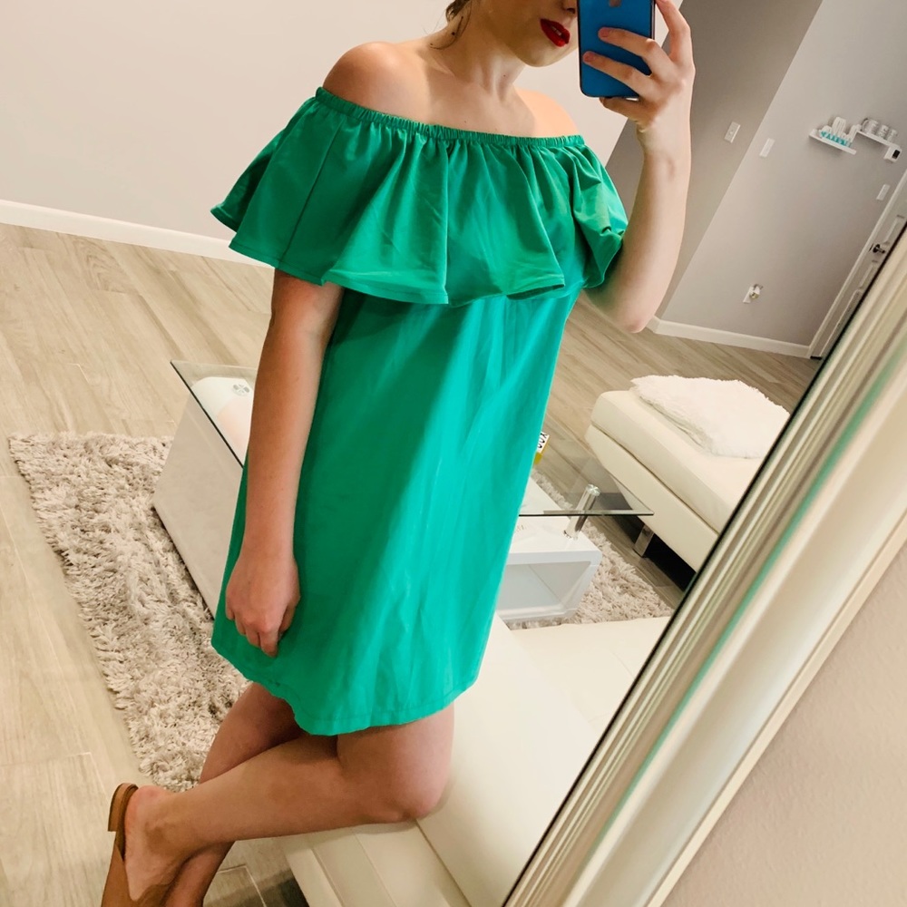 Green off the shoulder dress!